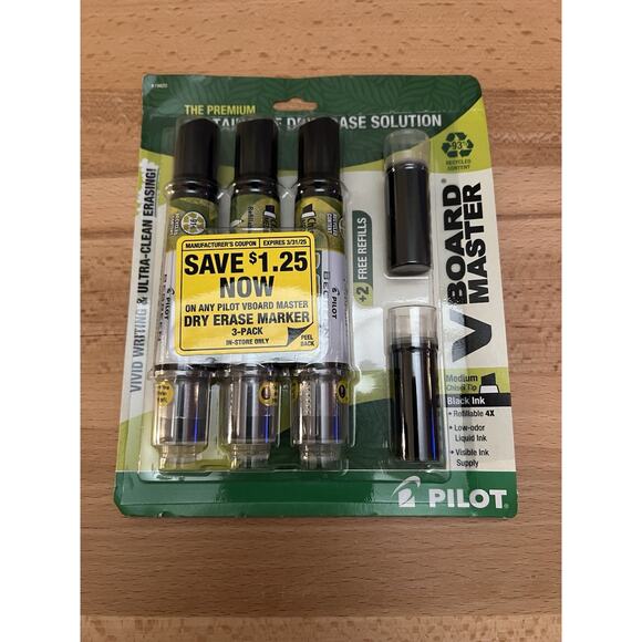 Pilot V Board Master Dry Erase Whiteboard Markers Black 3 pack w/2 Refills - Picture 1 of 2